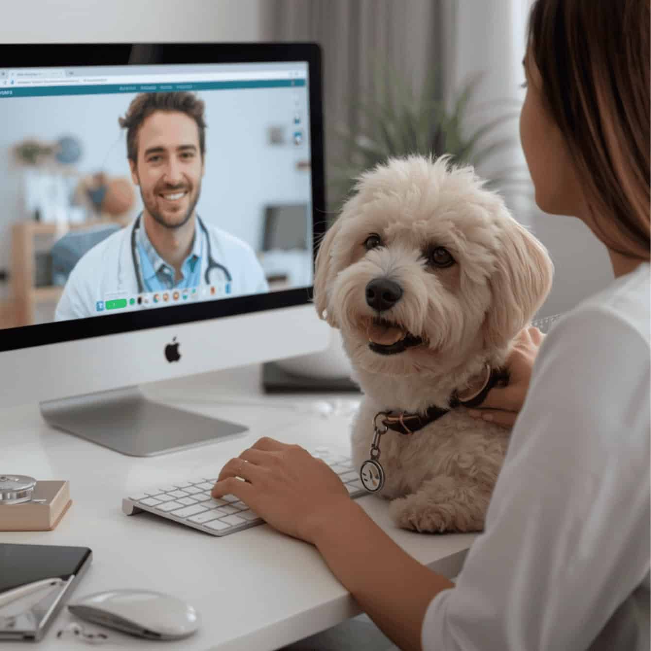 Woman with dog on video call with a veterinarian