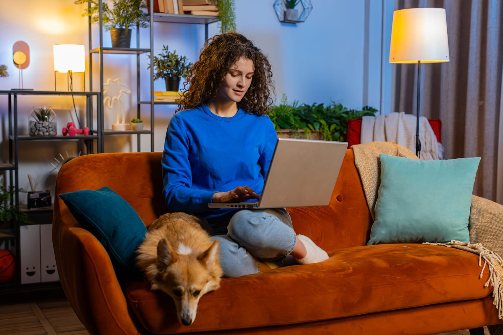 Happy woman opening laptop and working remotely sitting beside corgi dog on sofa at home room