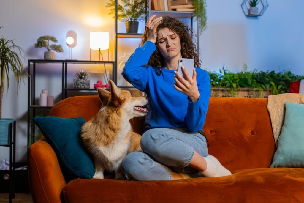 Upset displeased woman using smartphone sitting beside corgi dog loses lottery results or bad n – Online Vet vs. Emergency Room