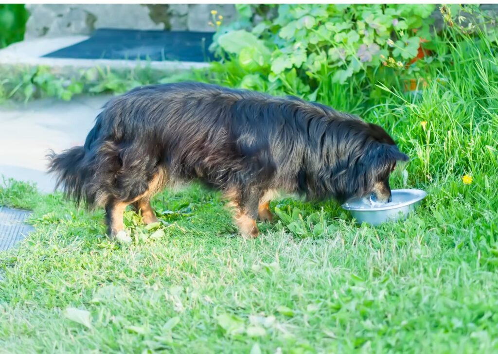 A dog eating food from the bowl outdoors – The First 48 Hours with a New Puppy