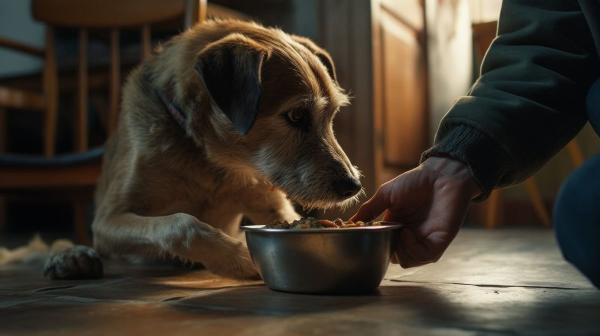 Dog eating dog food on the plate in house interior neural network ai