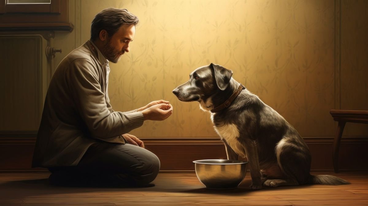 Dog eating dog food on the plate in house interior neural network ai