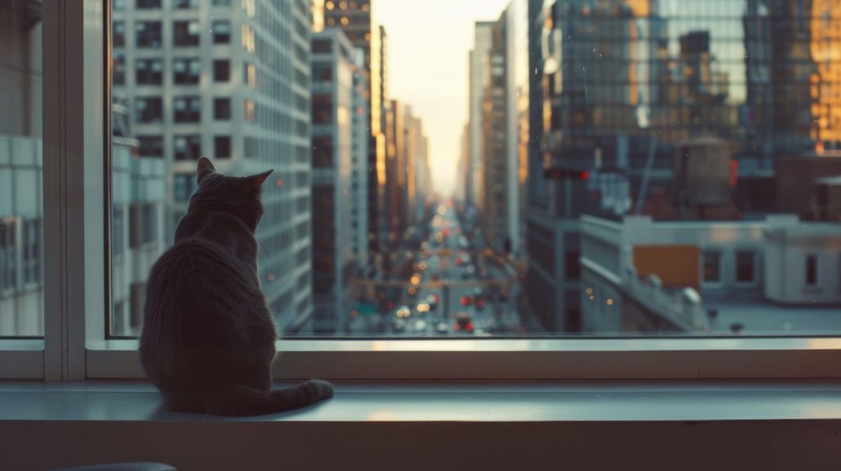 A cat is sitting by a window looking out at the city