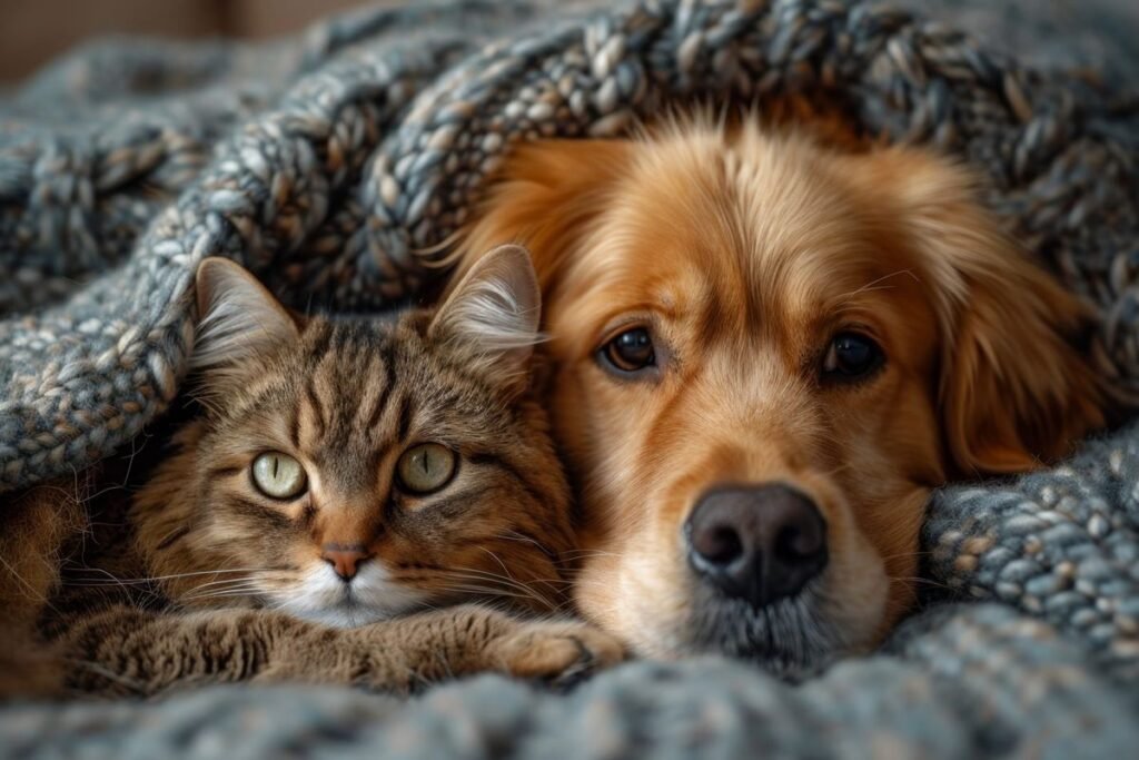 A dog and a cat lie together under a warm blanket at home friendship
