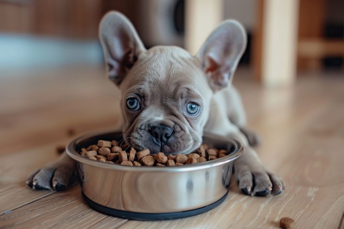 A little dog eats from a full bowl of dog food on a wooden floor