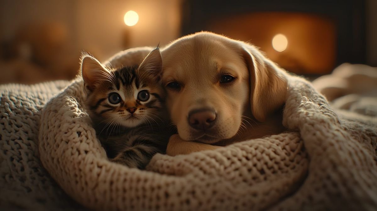 A cozy scene of a kitten and puppy snuggling together
