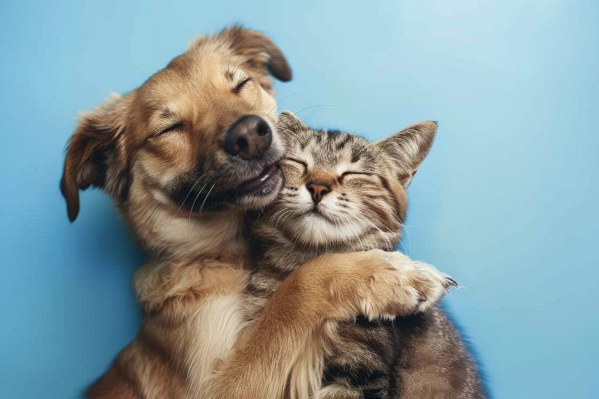 Happy dog and cat on blue background animals love each other