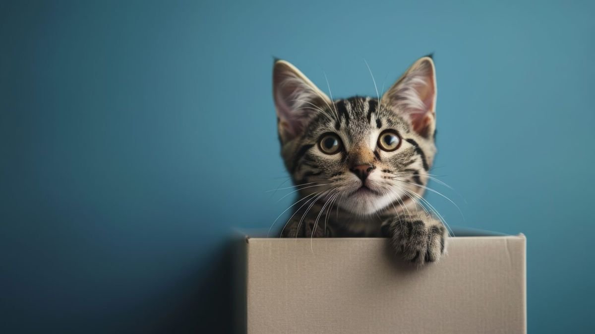 Kitten peeking out of a cardboard box adorable and curious pet