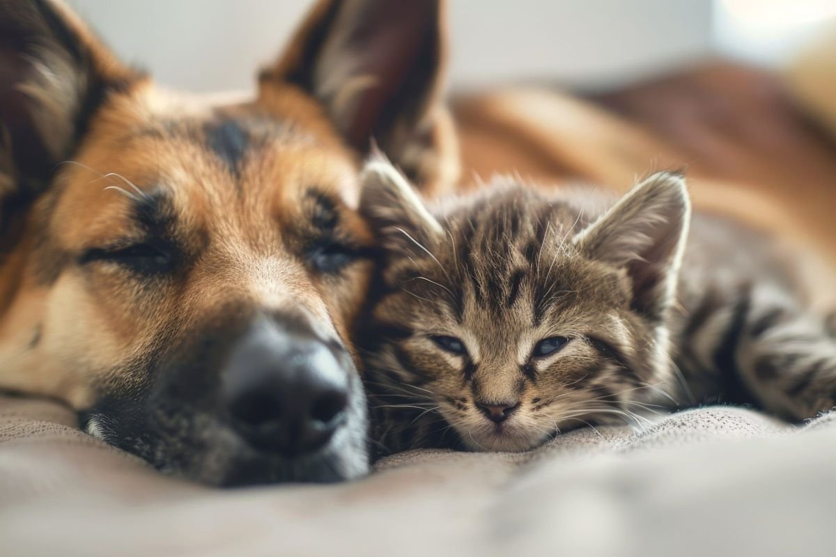 Close up cat and dog lying together on a cozy couch animals